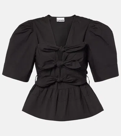 Ganni Poplin Front-tie Peplum Blouse With Puffed-sleeves In Black