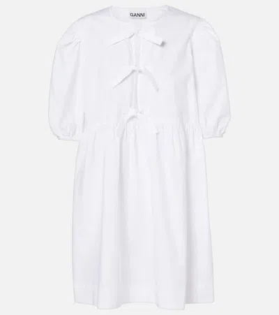 Ganni Bow Front Puff Sleeve Organic Cotton Dress In White