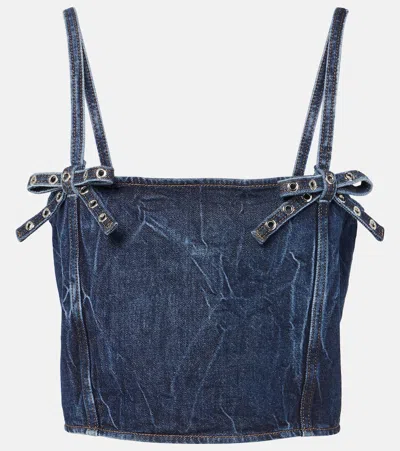 GANNI BOW-DETAIL DENIM CROP TOP