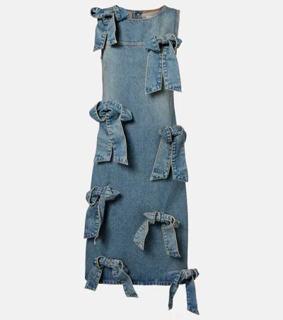 Ganni Bow-detail Denim Midi Dress In Blue
