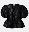 Ganni Bow-detail Floral Peplum Satin Blouse In Black