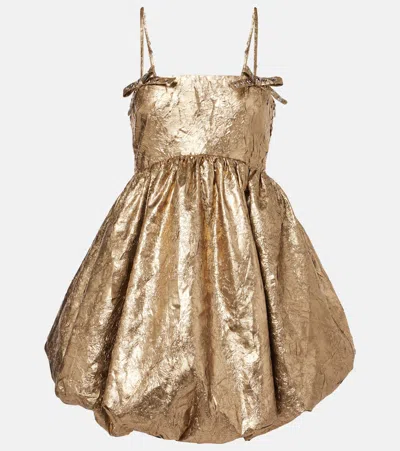 Ganni Bow-detail Metallic Balloon Minidress In Gold