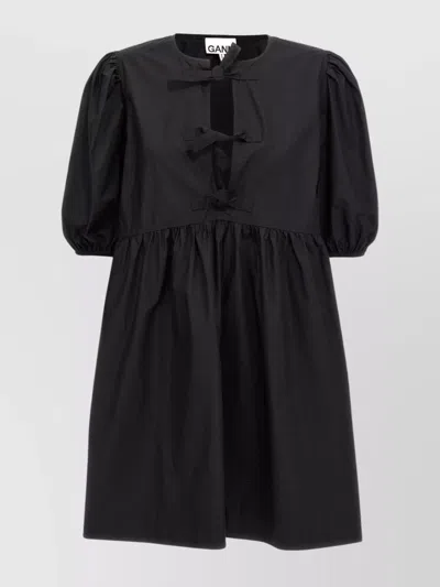 Ganni Cotton Poplin Tie String Mini Dress In Black