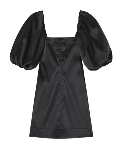 Ganni Off-the-shoulder Bow-detailed Satin Mini Dress In Black