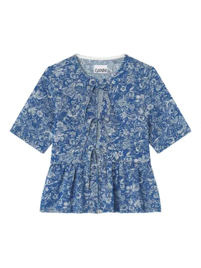 Ganni Bluse Mit Schleife Und Schösschen In Blue