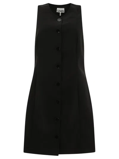Ganni Sleeveless Twill Dress With Button Front In Black