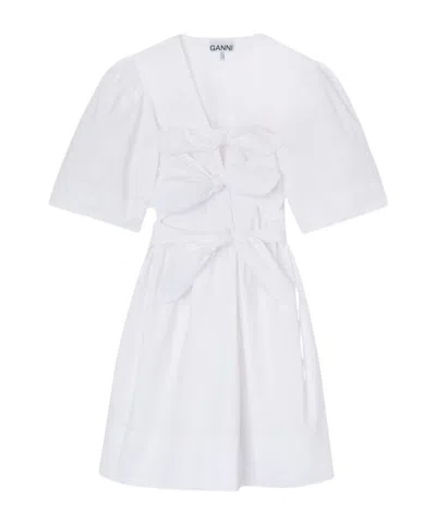 Ganni White Cotton Poplin Mini Dress With Bows In Neutral