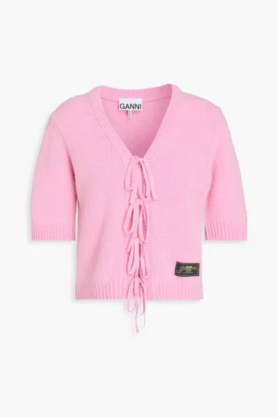 Ganni Bow Detailed Wool Blend Cardigan In Pink