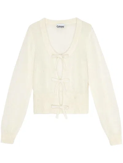 Ganni Bow Detailing Long Sleeve Cardigan In White