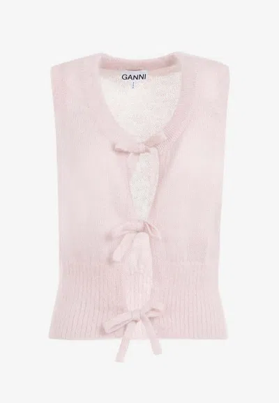 Ganni Bow-embellished Mohair-blend Waistcoat In Pink & Purple