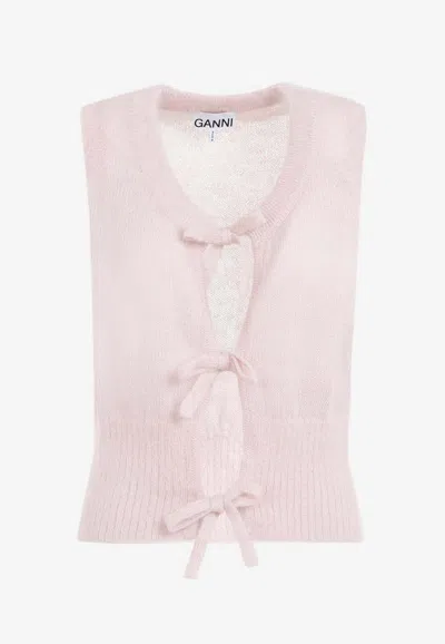 Ganni Bow-embellished Mohair-blend Vest In Pink & Purple