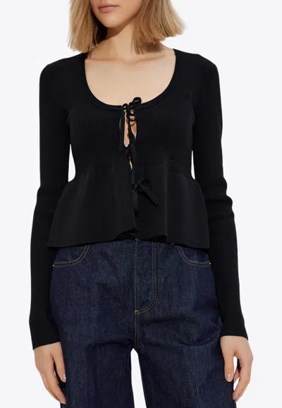 Ganni Bow Embellished Ribbed Cardigan In Black