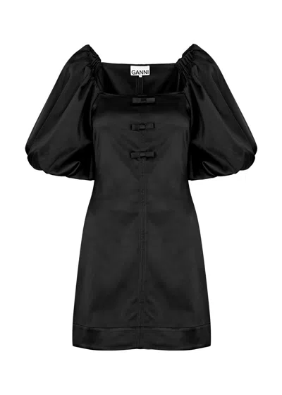 Ganni Off-the-shoulder Bow-detailed Satin Mini Dress In Black