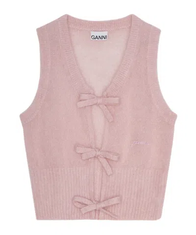 Ganni Bow-fastening Knitted Vest In Nude