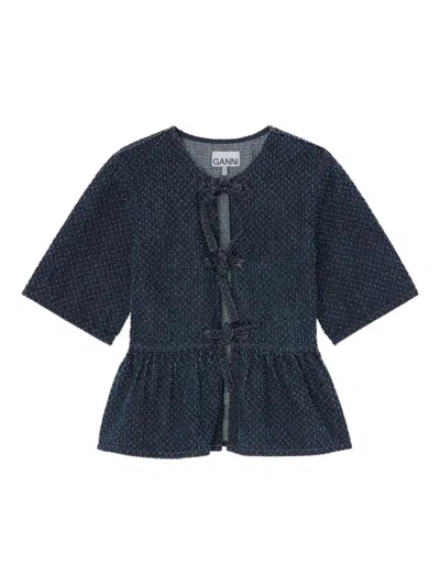 Ganni Bow Peplum Top In Blue