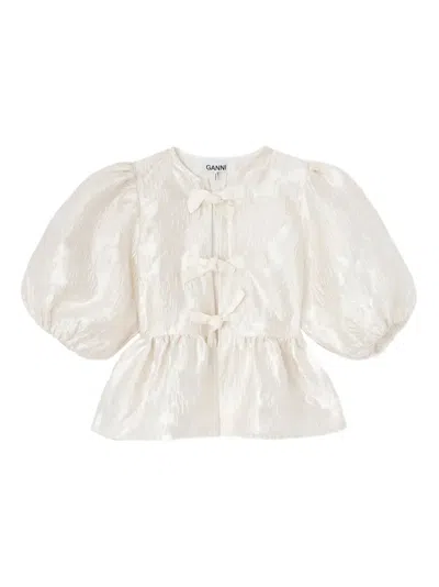 Ganni Bow Puff-sleeve Blouse In Neutral