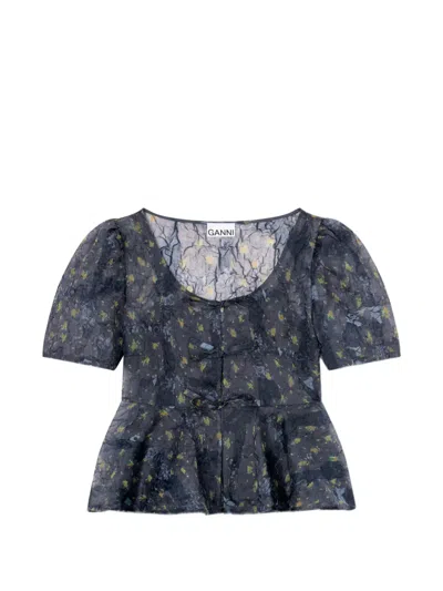 Ganni Bow Ruffled Blouse In Blue