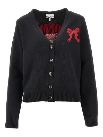 Ganni Bow V-neck Cardigan In Black