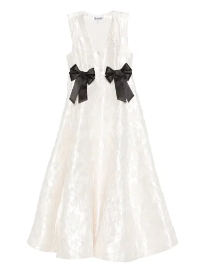 Ganni Bow V-neck Midi Dress In Neutral