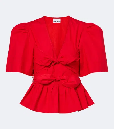 Ganni Bow-detail Cotton Poplin Blouse In Red