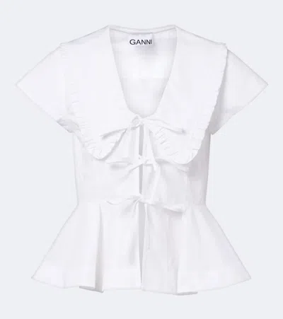 Ganni Bow-detail Peplum Cotton Poplin Blouse In White