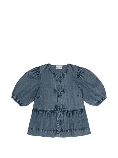 Ganni Bow-detail Peplum Top In Blue