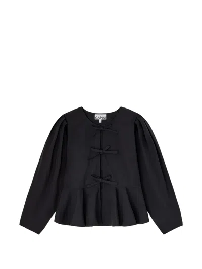 Ganni Bow-detail Peplum-hem Blouse In Black
