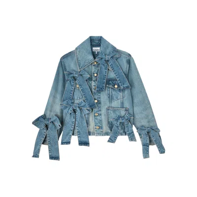 Ganni Bow-embellished Denim Jacket In Blue