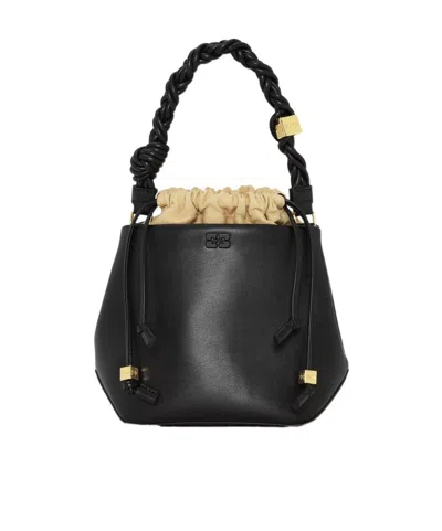 Ganni Braided-handle Leather Bucket Bag In Black