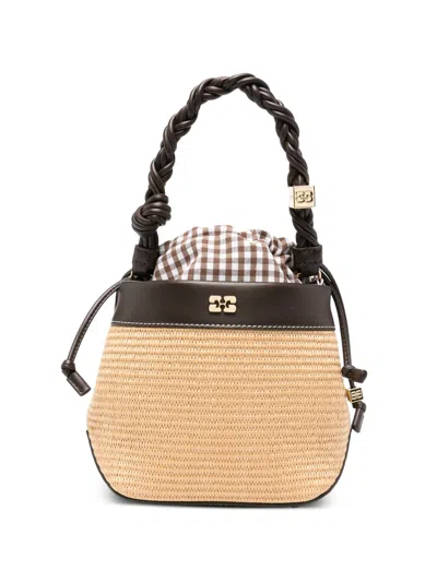 Ganni Braided Mini Pouch Handbag With Adjustable Shoulder Strap, Drawstring Closure In Marrone