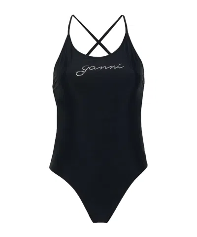 Ganni Bright-colored One-piece Swimsuit In Black