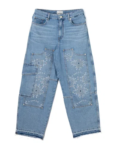 Ganni Broderie Anglaise Cargo Jeans In Blue