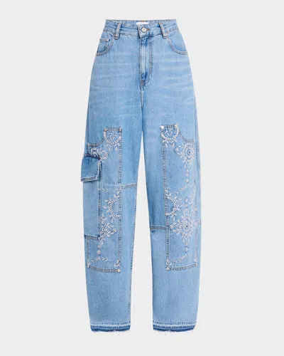 Ganni Broderie Anglaise Carpenter Jeans In Light Blue Stone