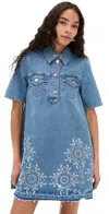 Ganni Denim Dress With Embroidered Hem And Pockets In Light Blue Stone