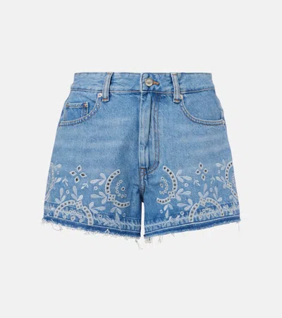 Ganni Embroidered Frayed Hem Shorts With Pockets And Loops In Blue