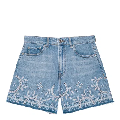 Ganni Broderie Anglaise Denim Shorts In Blue