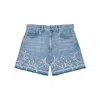 Ganni Embroidered Frayed Hem Shorts With Pockets And Loops In Light Blue Stone
