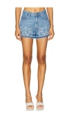 Ganni Embroidered Frayed Hem Shorts With Pockets And Loops In Light Blue Stone