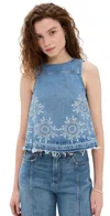 Ganni Broderie Anglaise Denim Top In Light Blue Stone