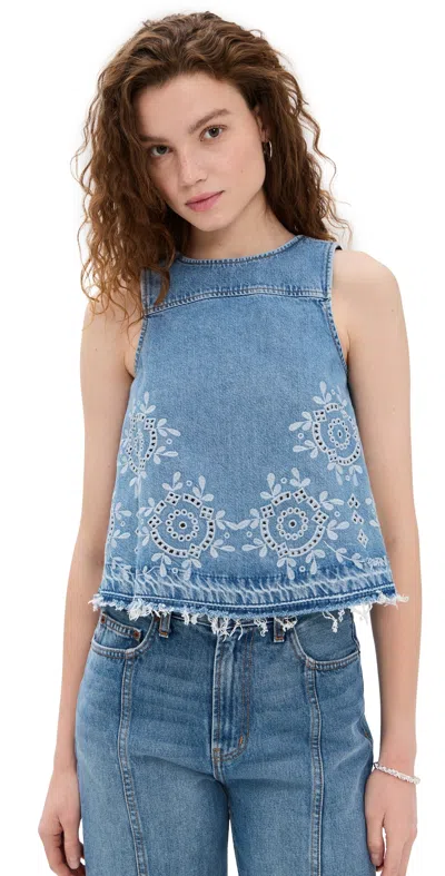 GANNI BRODERIE ANGLAISE DENIM TOP LIGHT BLUE STONE
