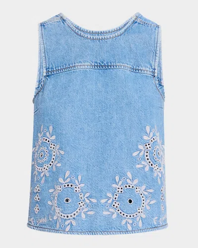 Ganni Broderie Anglaise Denim Top In Light Blue Stone
