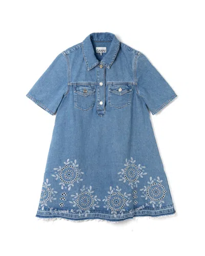 Ganni Denim Dress With Embroidered Hem And Pockets In Blue