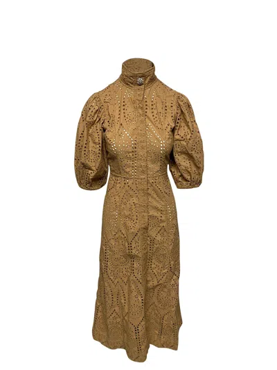 Ganni Broderie Anglaise Dress In Brown Cotton