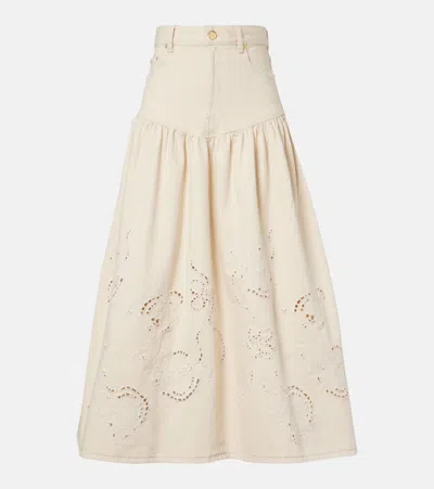 Ganni Broderie Anglaise Gathered Denim Skirt