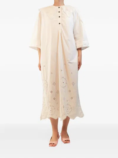 Pre-owned Ganni Broderie Anglaise Midi Dress In White