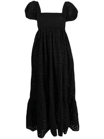 Ganni Broderie Anglaise Organic-cotton Maxi Dress In Black