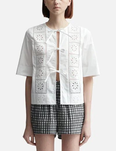 Ganni White Broderie Anglaise Tie Blouse