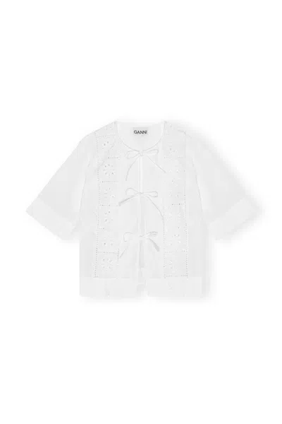 Ganni Broderie Anglaise Tie Blouse Woman White In Cotton