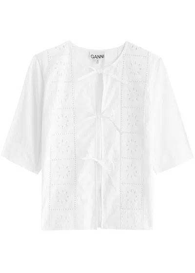 Ganni Broderie Anglaise Tie-front Cotton Top In White