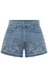 Ganni Embroidered Frayed Hem Shorts With Pockets And Loops In Blue